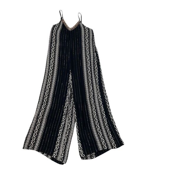 Zury Jumpsuit Womens Free Size Black White Beaded Wide Leg Metallic Boho Flowy - Picture 2 of 16